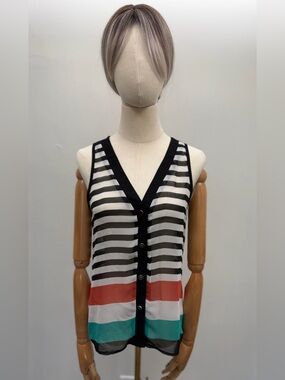Fio Fio Sheer Striped Sleeveless Blouse Open Back Button Front Size Medium